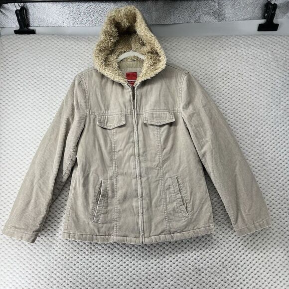 VTG Esprit Womens Jacket Y2K Corduroy Hooded Full Zip Faux Fur Trim Brown Coat M - Picture 1 of 13